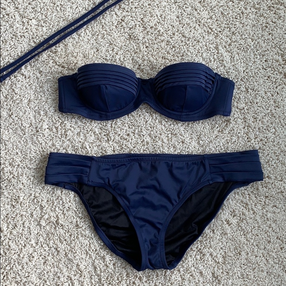 J Crew navy bandeau bikini 36A top M bottoms
